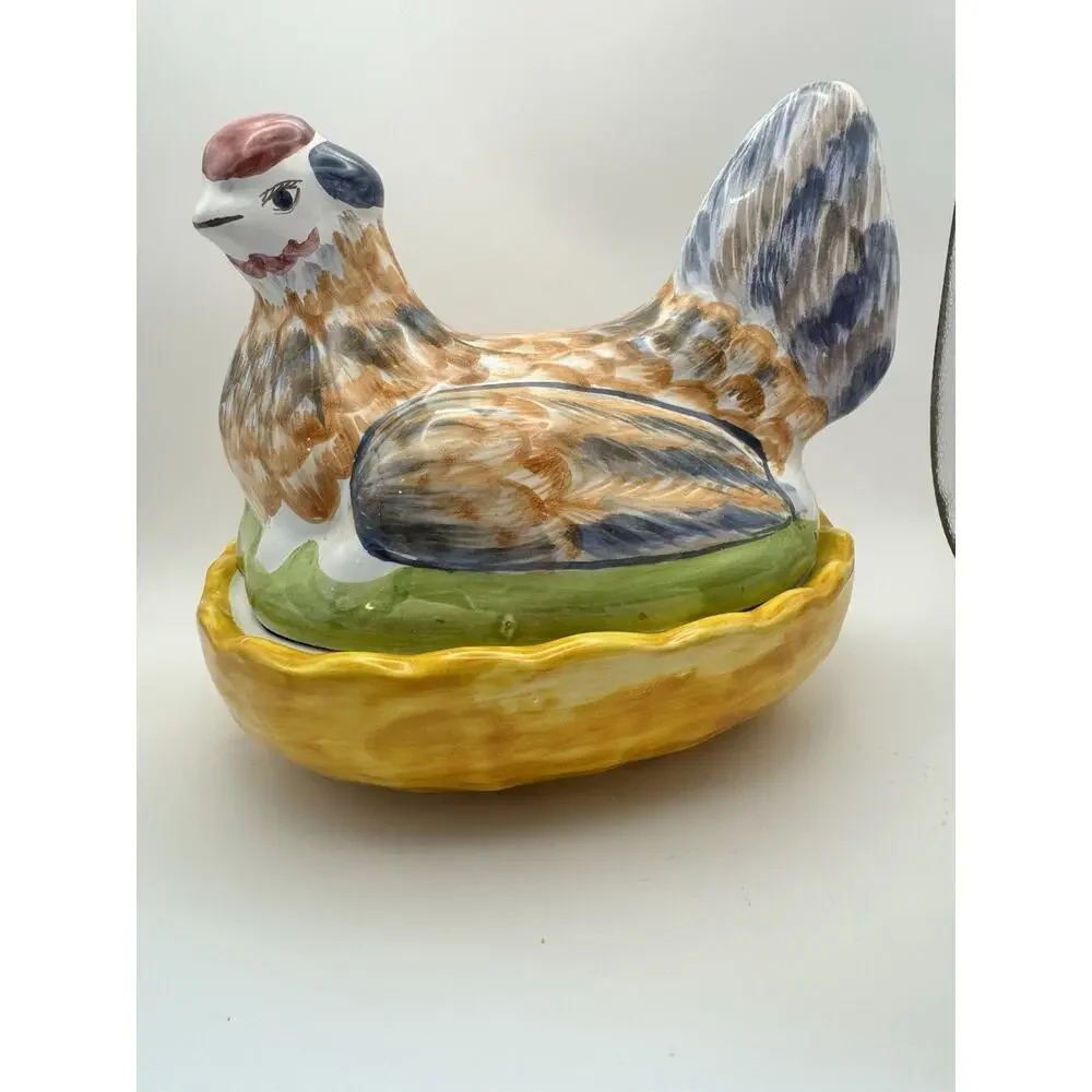 2 pc Chicken Canister Lid Colorful‎ Ceramic Hen Candy Jar Trinket Made Portugal